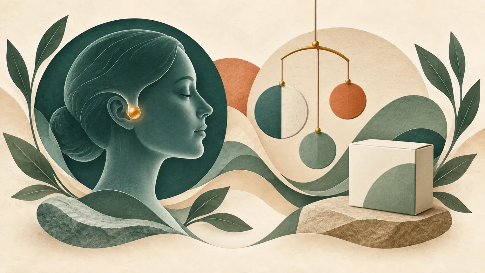 Illustrated woman's head profile beside suspended discs and a closed medicine carton