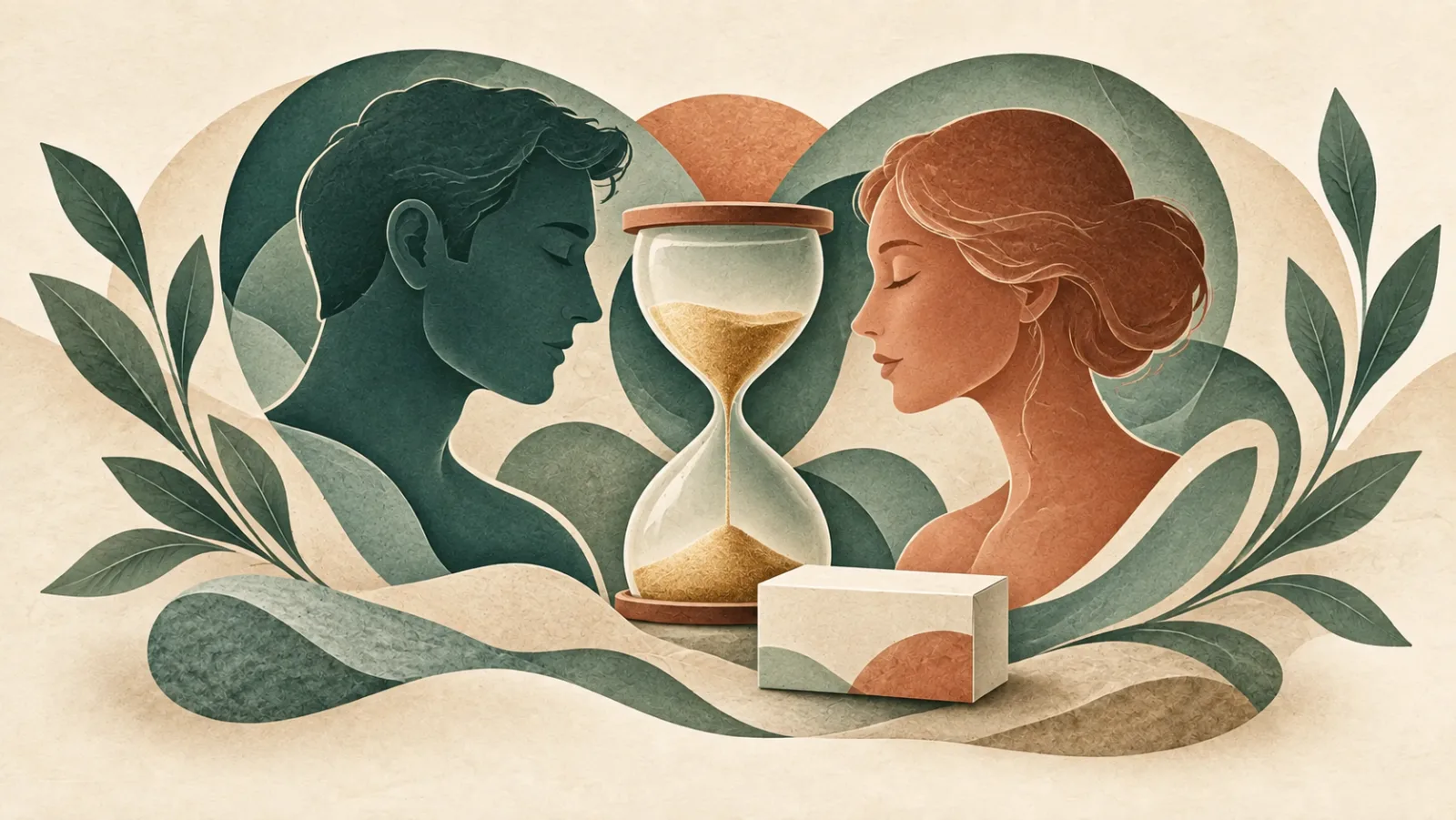 Hourglass between two abstract adult profiles with a closed medicine carton