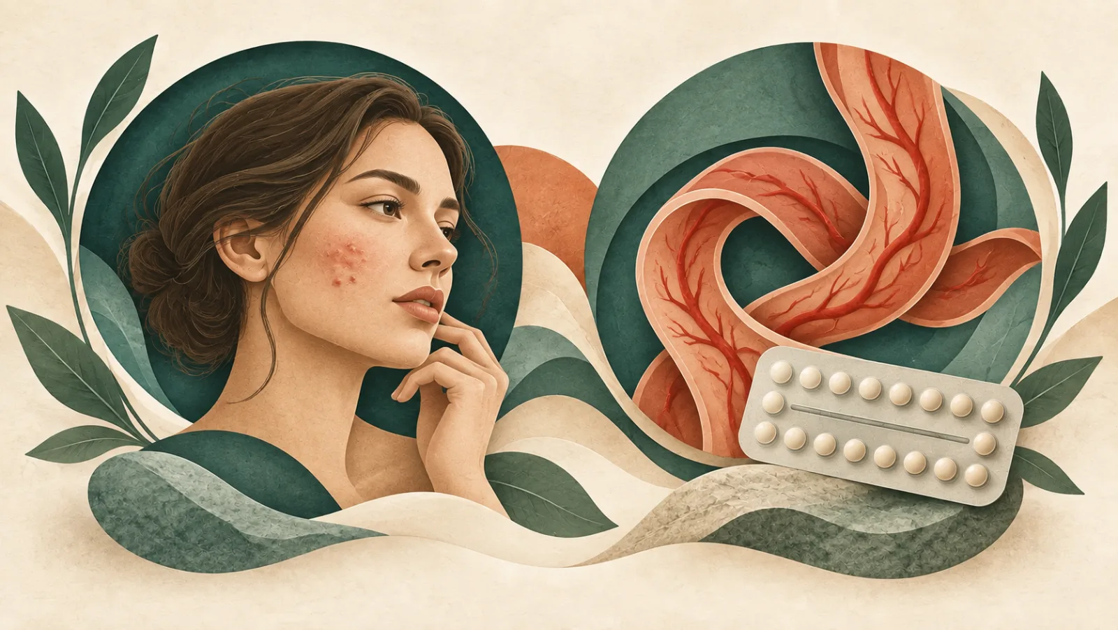 Illustrated adult face with cheek blemishes beside a looping ribbon and a sealed medicine blister