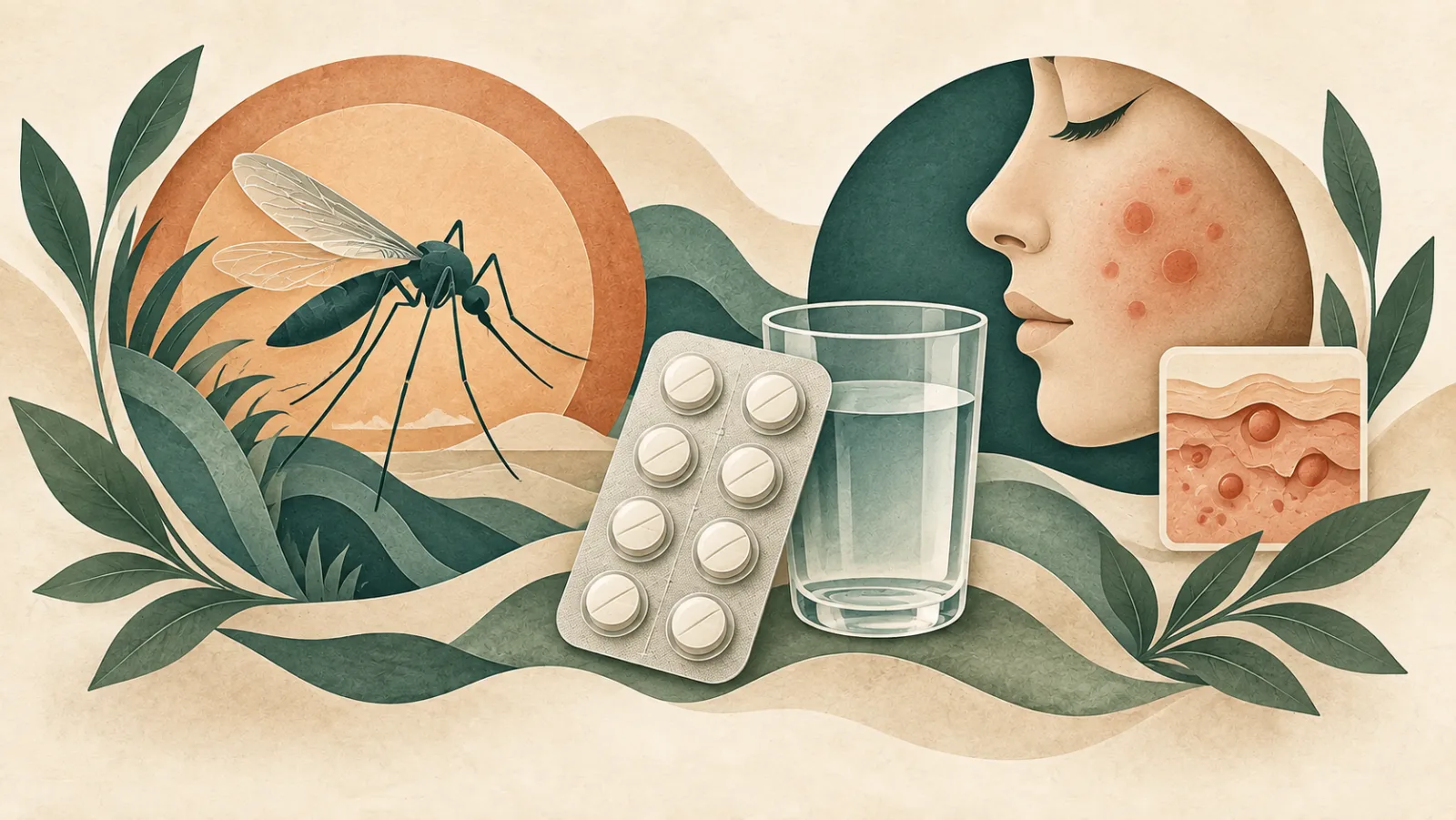 Illustration of a mosquito, a face with blemishes, a skin-layer tile, a sealed blister and a glass of water