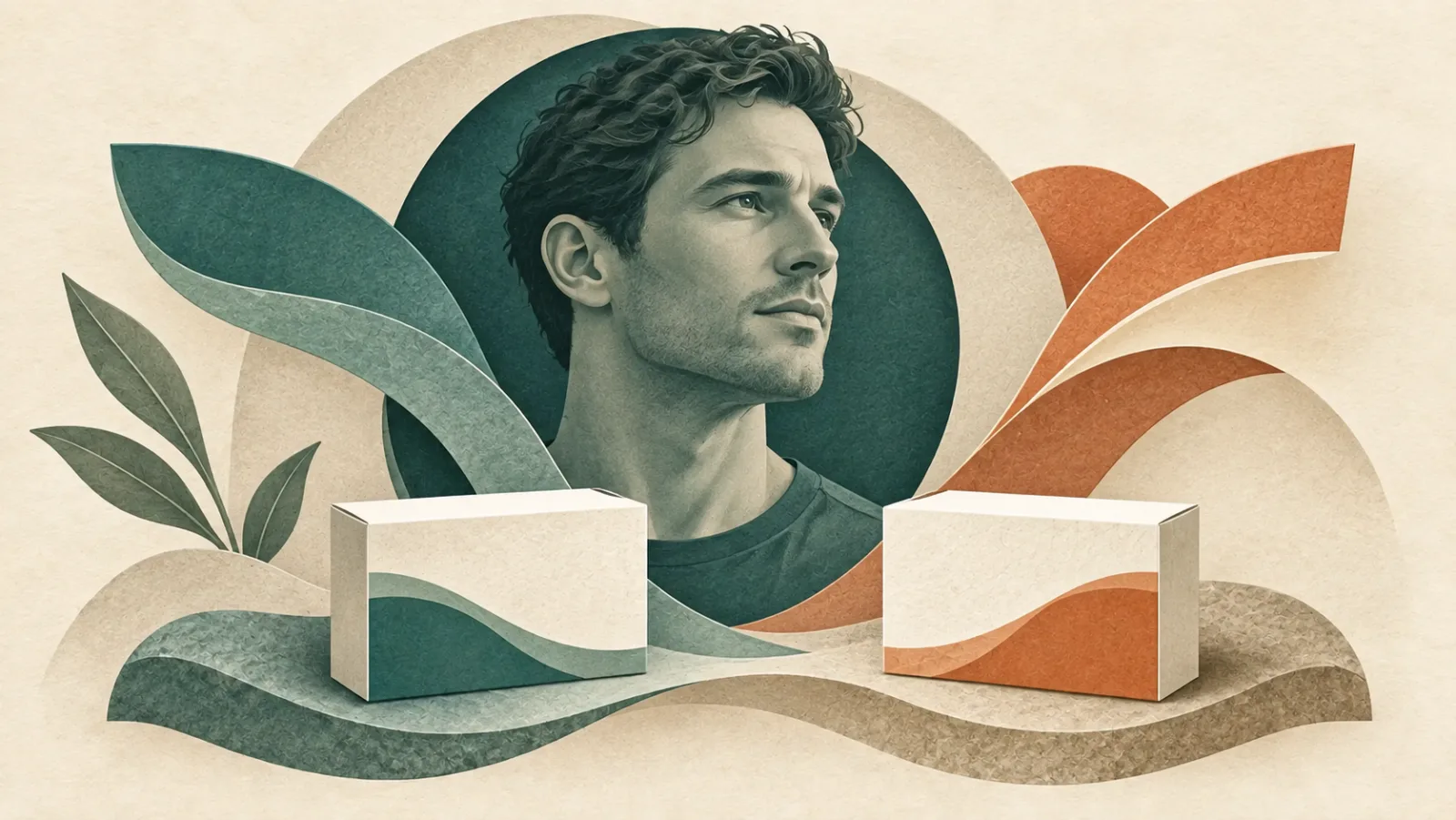 Illustrated adult man framed by folded ribbons above two closed medicine cartons