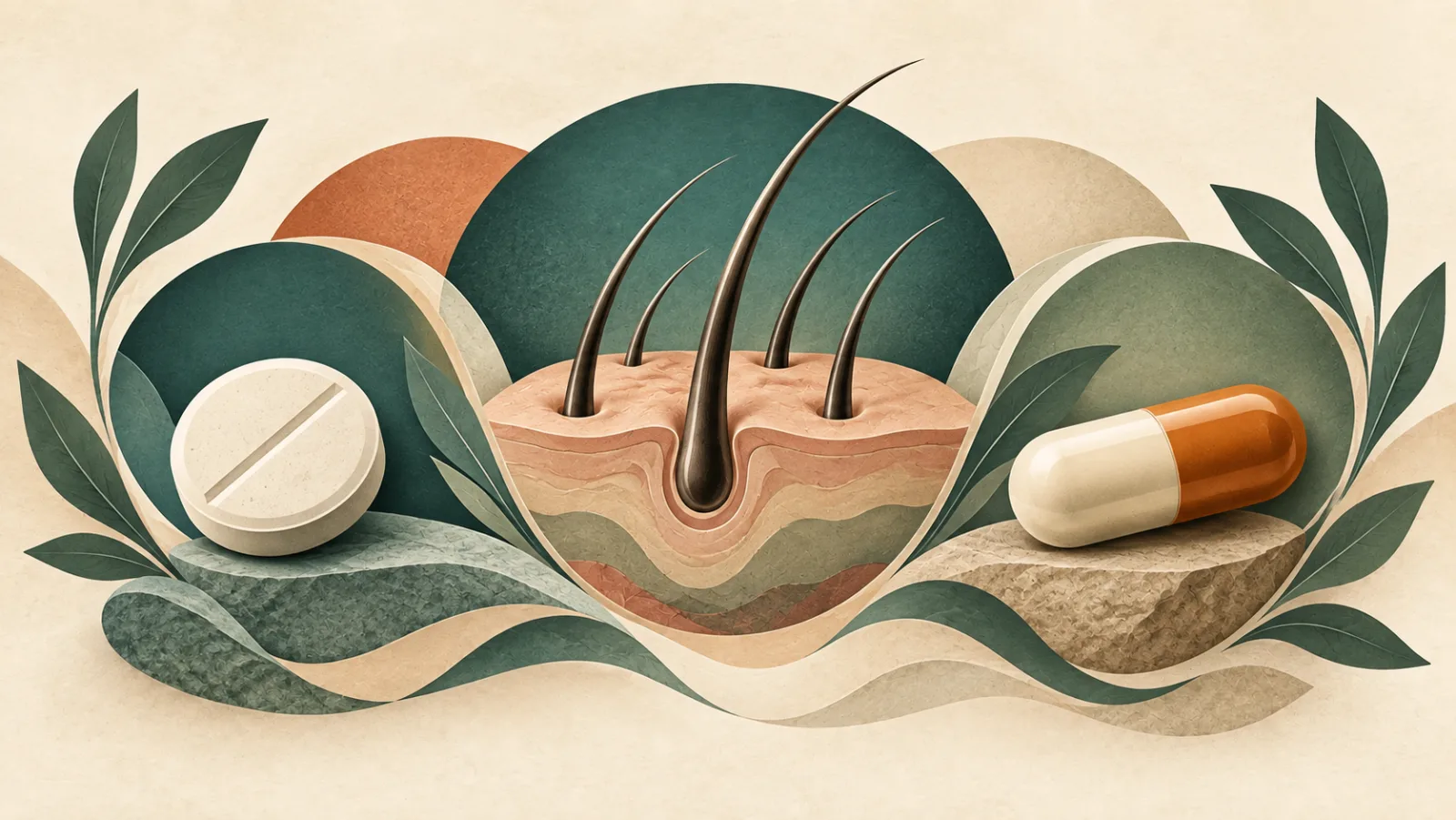 Conceptual illustration of scalp hair follicles between an unmarked tablet and capsule, representing oral hair-loss treatment choices