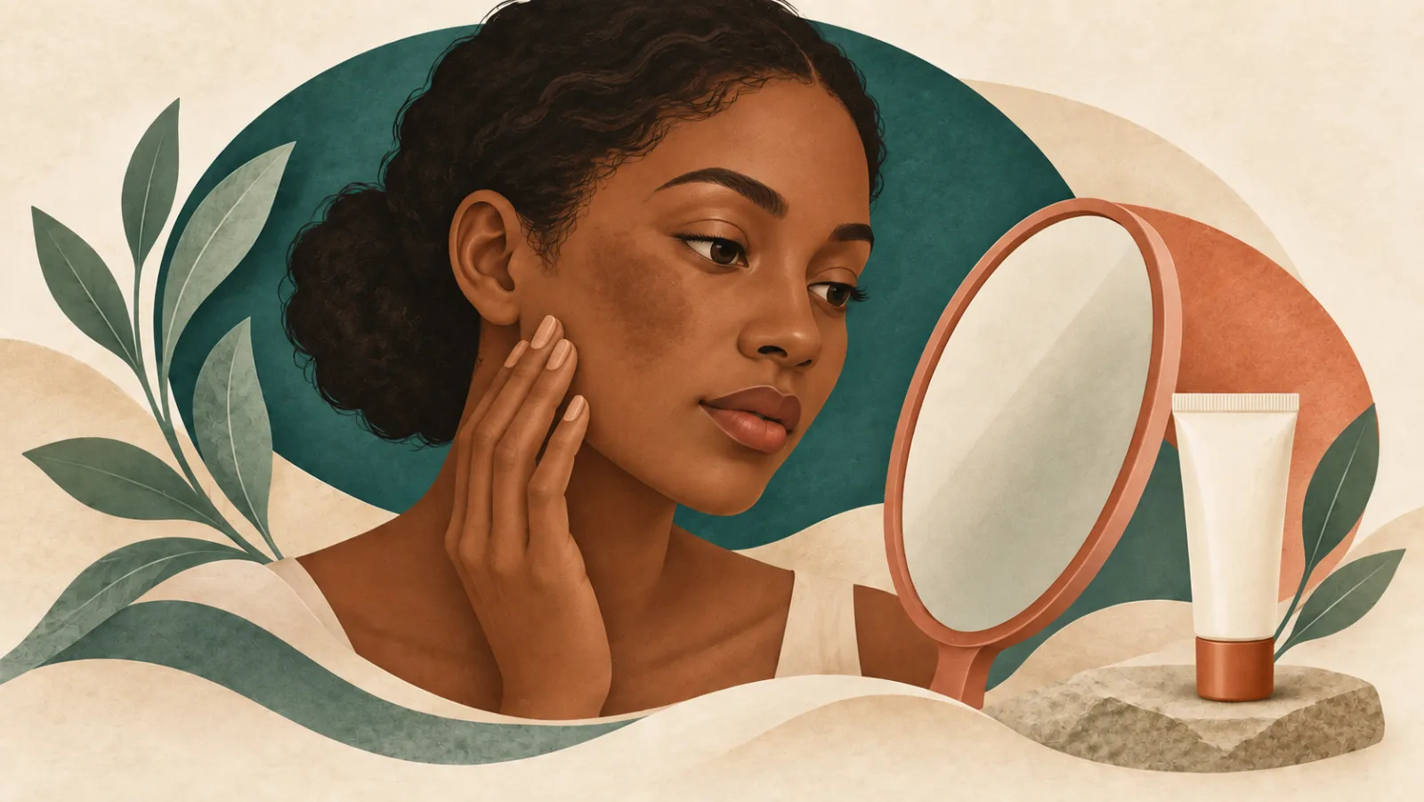 Illustrated woman with uneven cheek pigmentation beside a mirror and a closed cream tube