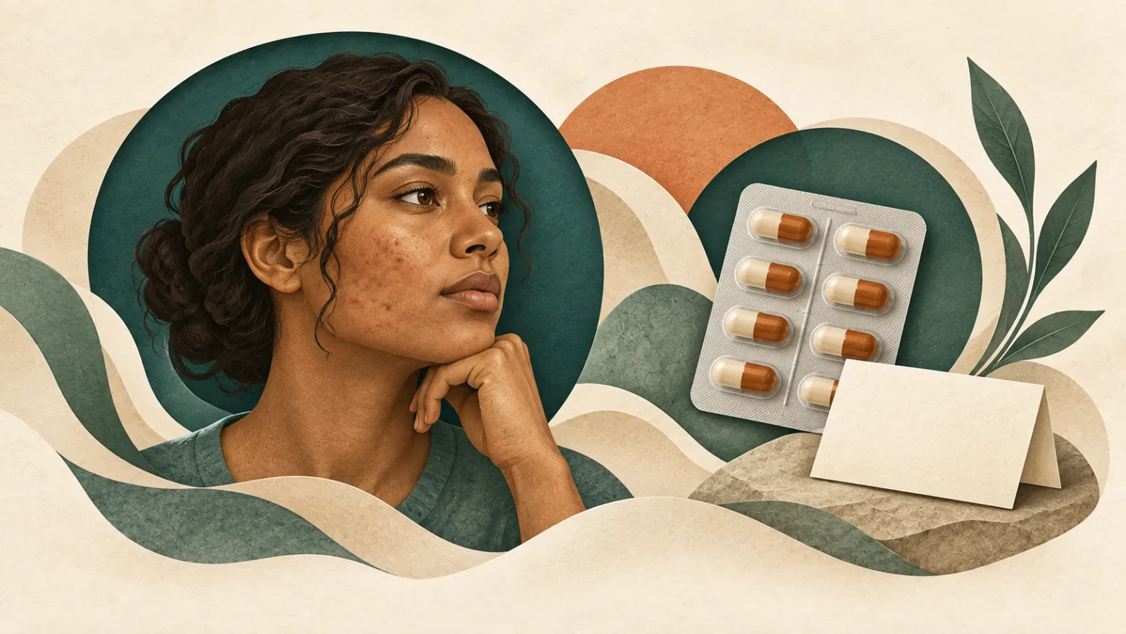 Illustrated adult with cheek blemishes beside a sealed capsule blister and a blank folded card
