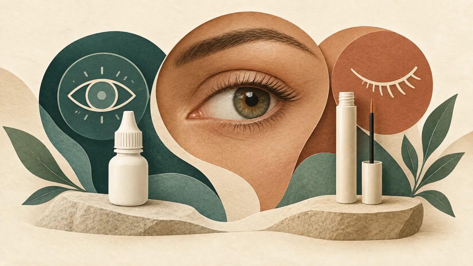 Illustrated eye above a closed eyedrop bottle and an open cosmetic applicator