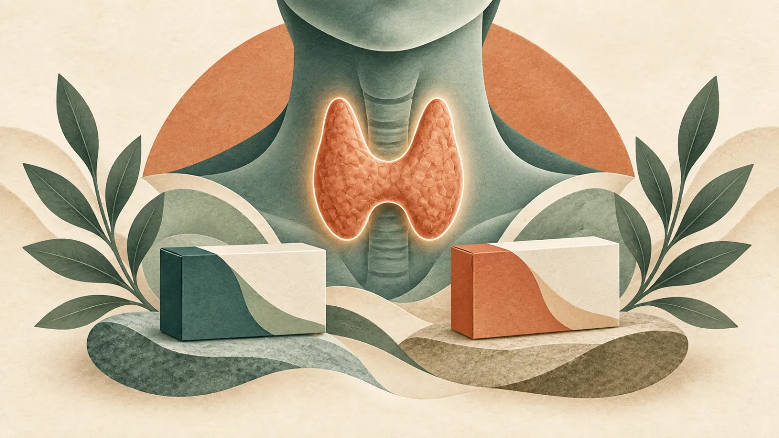 Butterfly-shaped thyroid silhouette within a neck outline above two unmarked medicine cartons