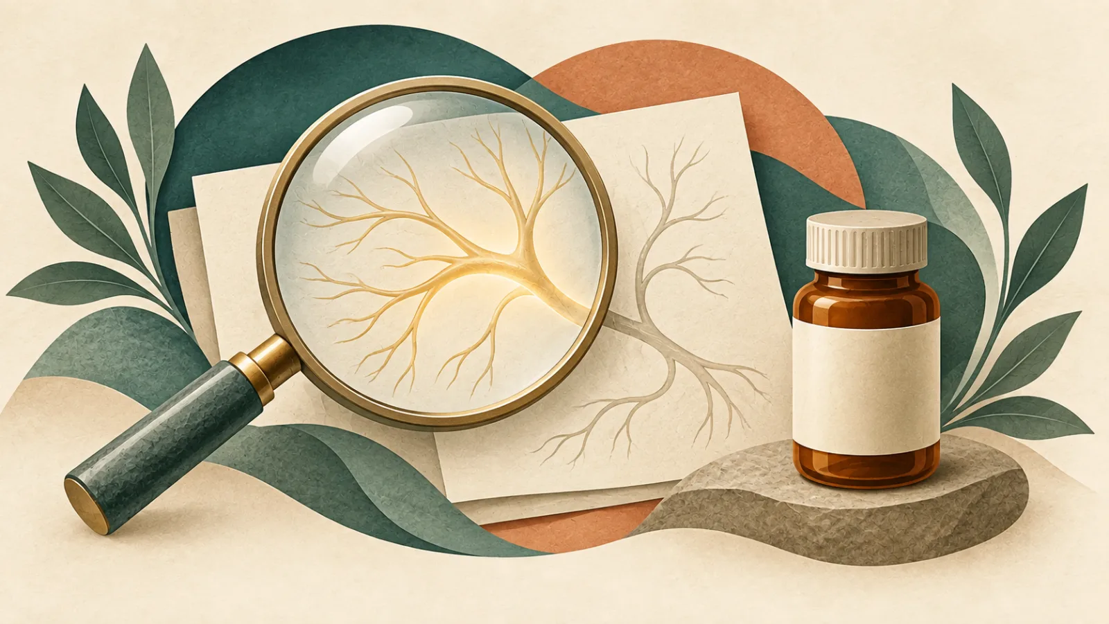 Magnifying glass over a branching nerve motif beside a closed amber medicine bottle