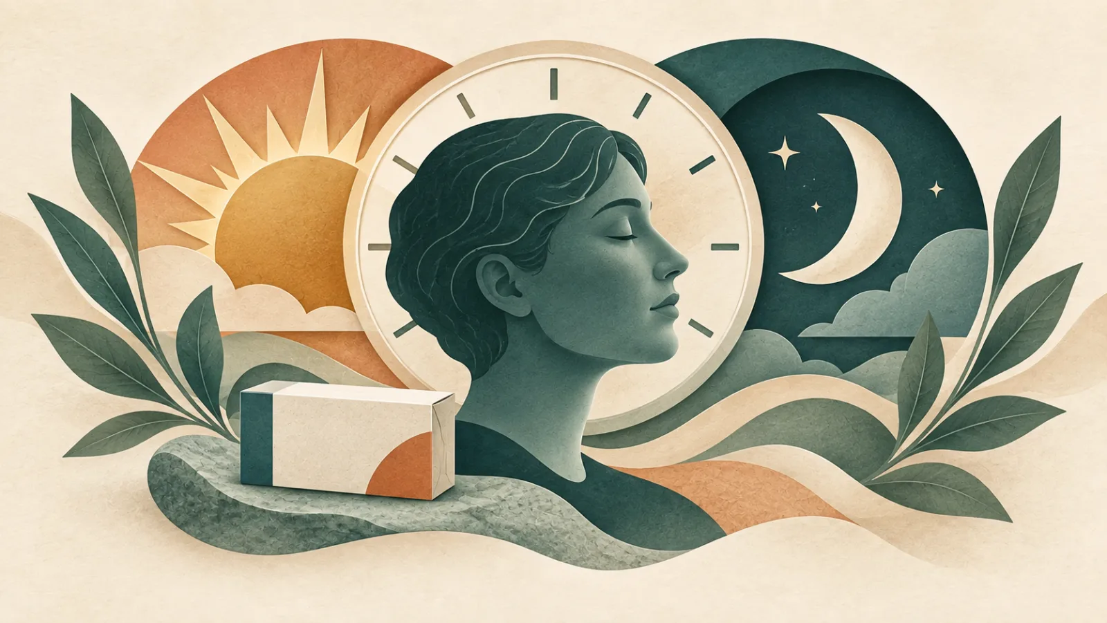 Illustrated head profile with sun, crescent moon, an unnumbered clock ring and a closed medicine carton