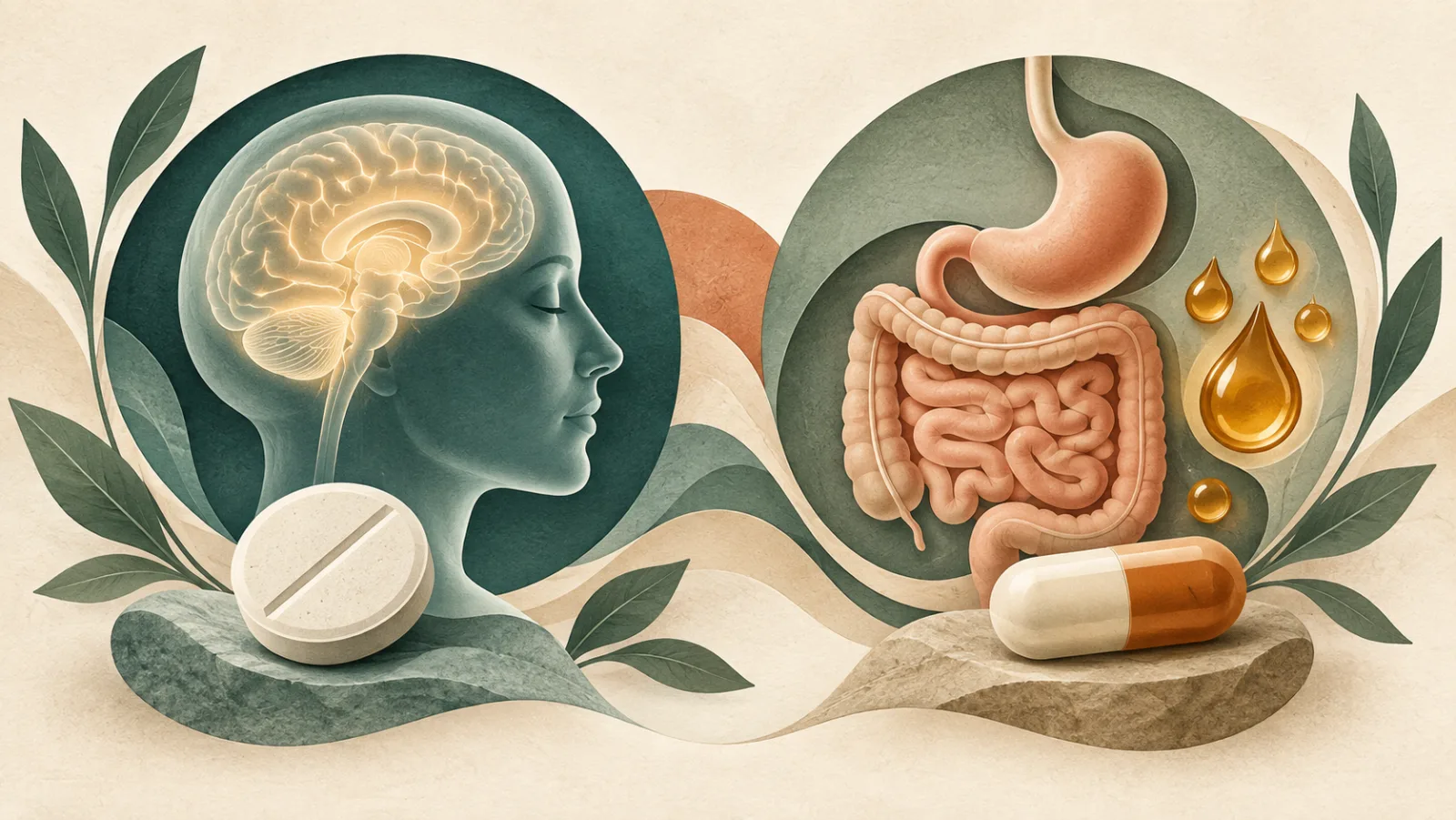 Conceptual illustration comparing appetite signalling and fat absorption, with a brain, digestive tract, tablet and capsule
