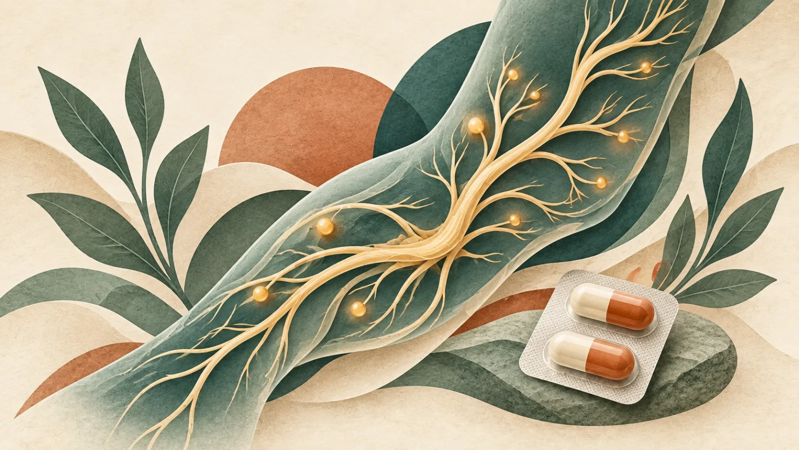 Conceptual illustration of branching nerves beside a sealed capsule blister