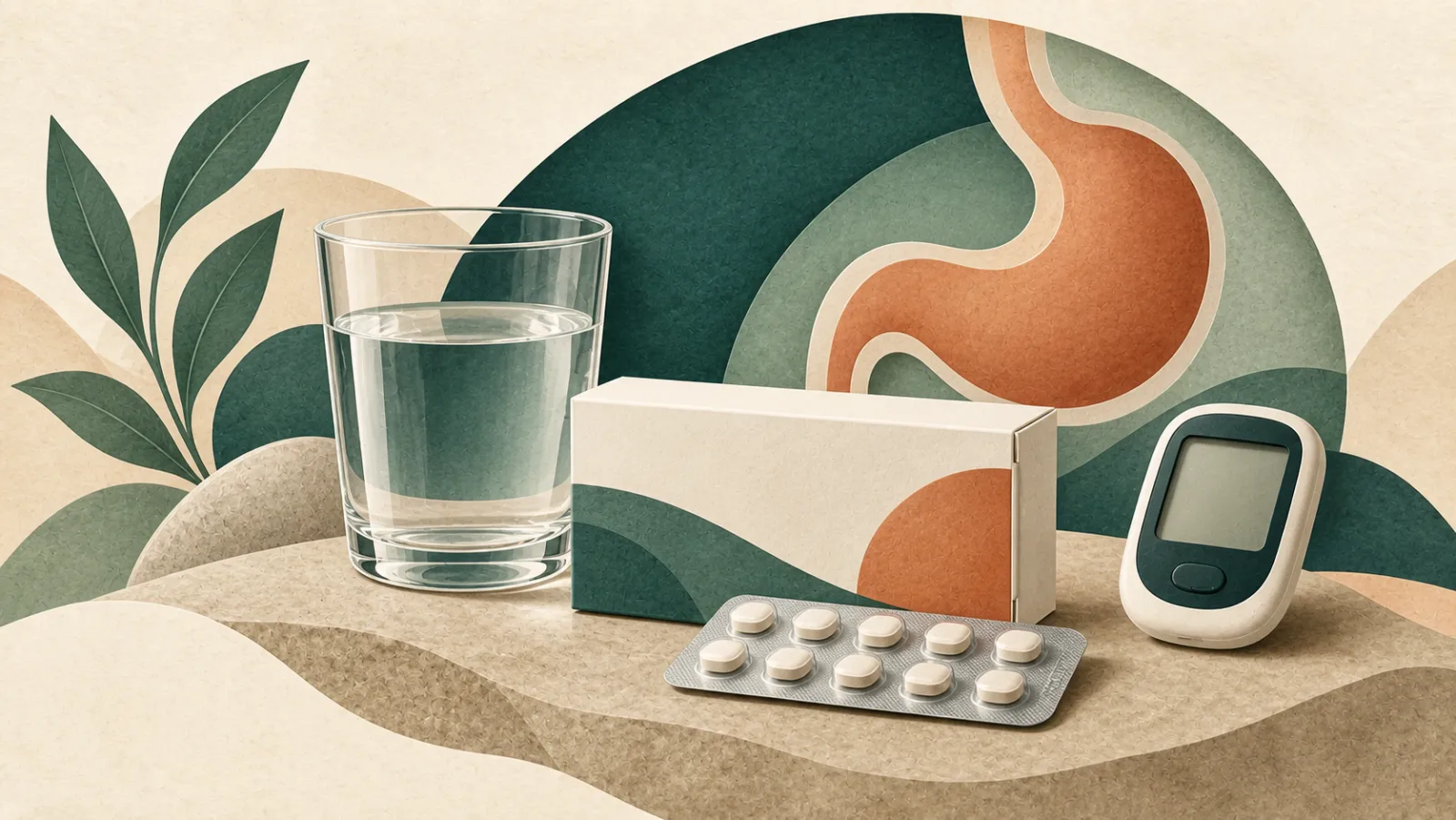 Illustrated medicine carton, sealed tablet blister, glass of water and blank-screen glucose meter