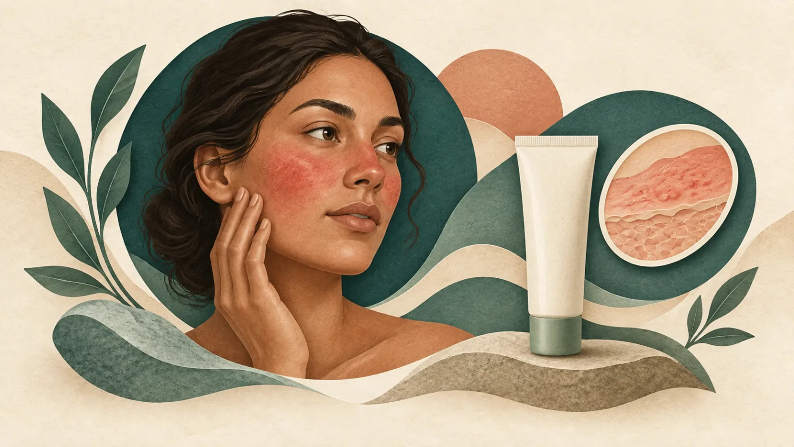 Illustrated woman with reddish cheeks beside a closed cream tube and a conceptual skin-texture tile