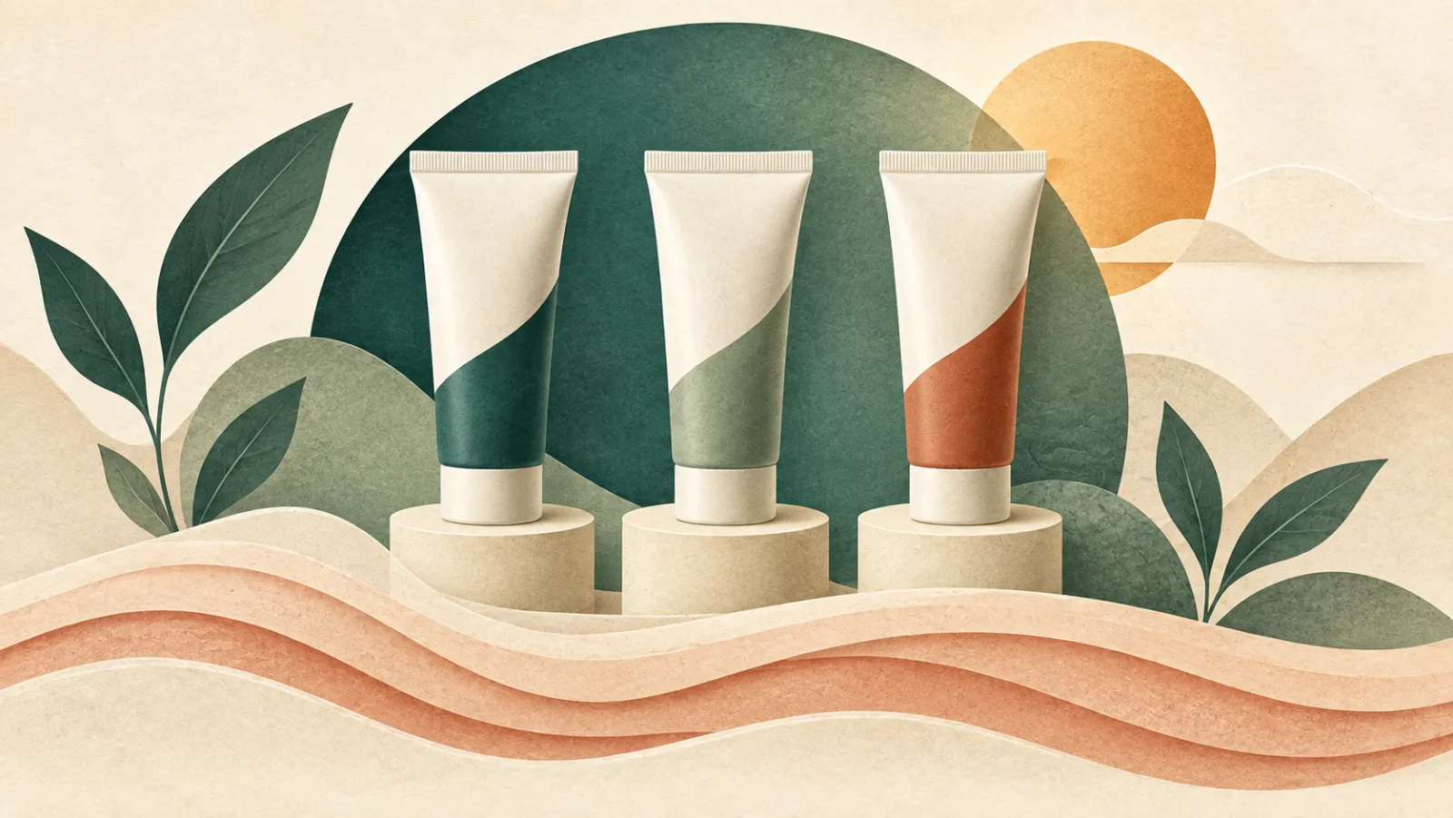 Three unlabelled cream tubes with teal, sage and clay panels above layered paper ribbons