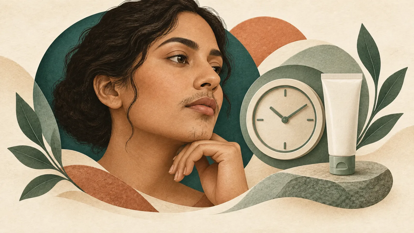 Illustrated woman with visible chin and upper-lip hair beside an unnumbered clock and a closed cream tube