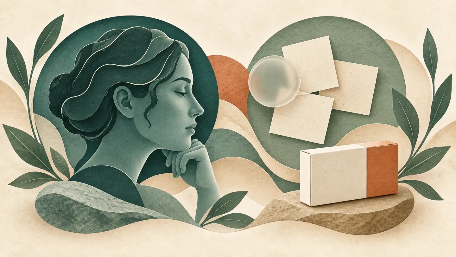 Layered head profile beside blank cards, a translucent disc and a closed medicine carton